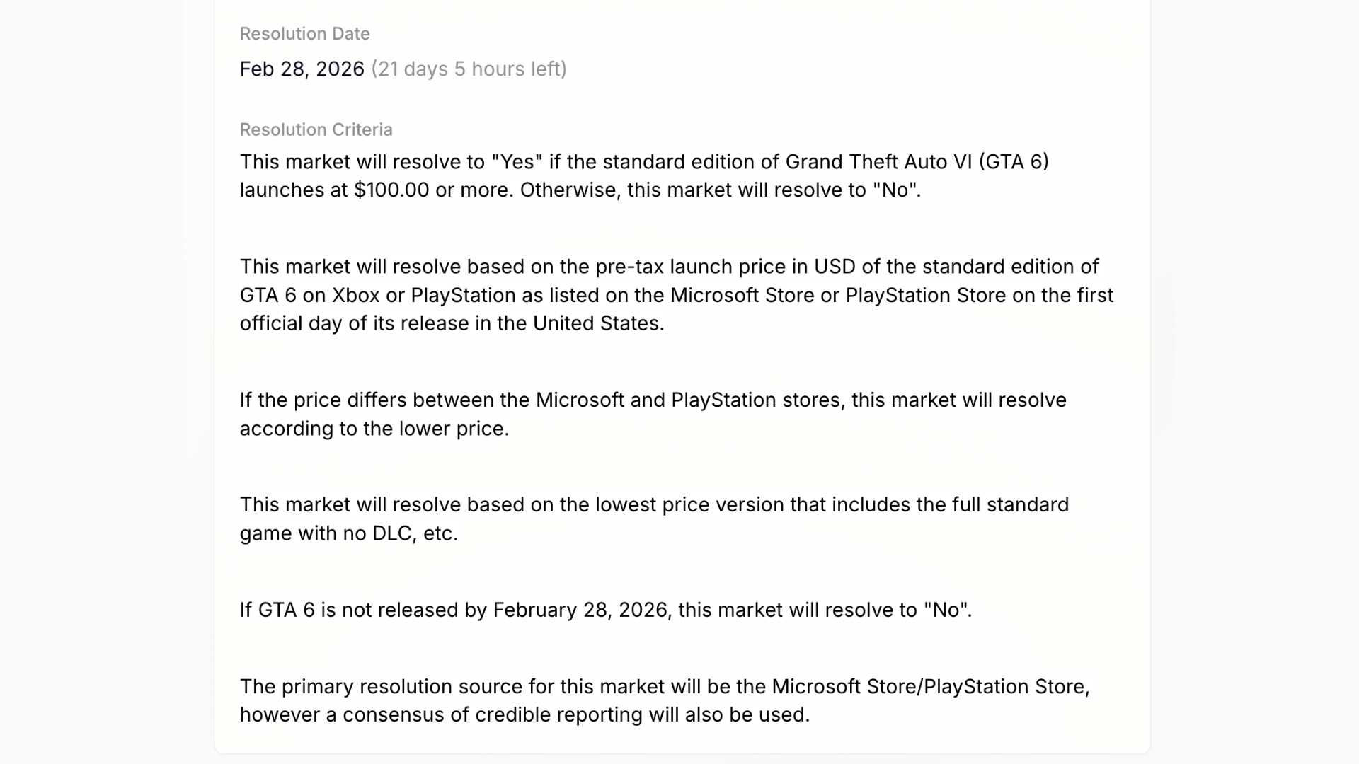 Market rules and resolution criteria on a market page
